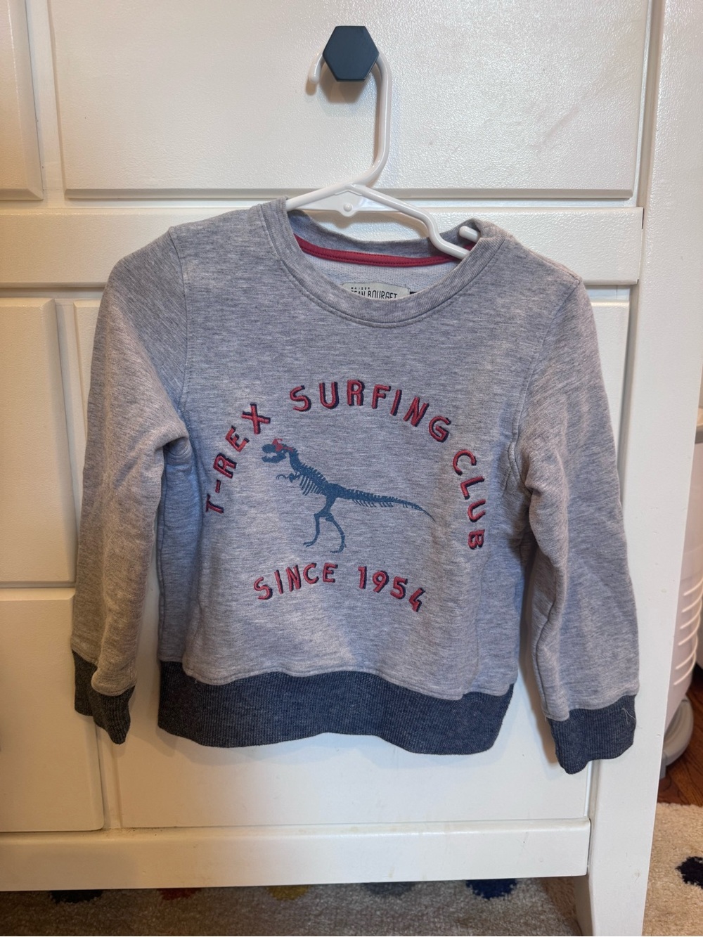 Jean Bourget Gray Sweatshirt with Navy Dino Graphic and Red Accents Size 4